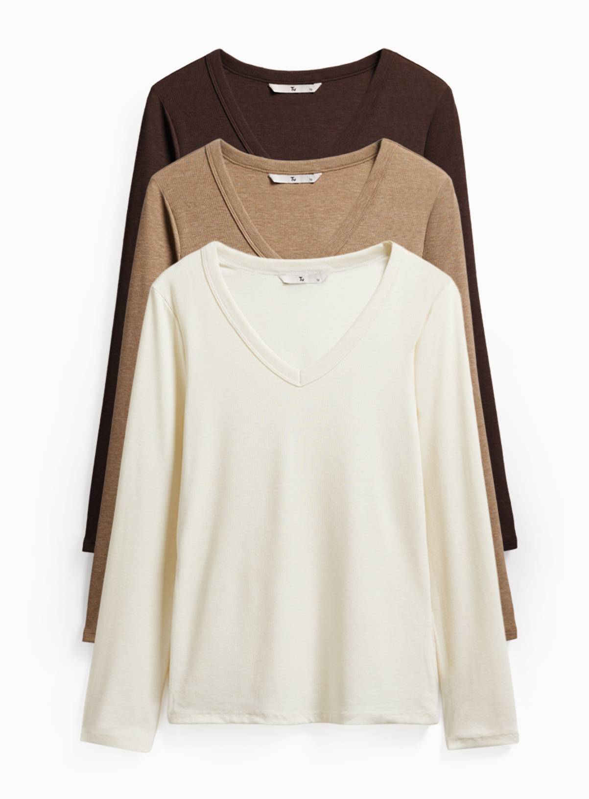 Long Sleeve V-Neck Ribbed T-Shirts 3 Pack  6 - Image 1